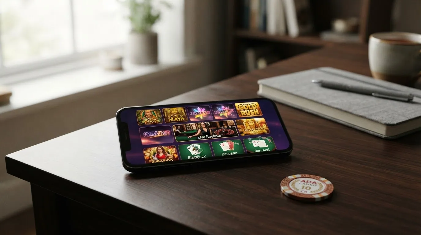Screenshot-ähnliche Ansicht einer Casino-Spiele-Lobby mit Slot-Covern (Book of Dead, Sweet Bonanza, Gates of Olympus), Live-Dealer-Vorschau und Tischspiel-Icons, alles mit ADA-Guthaben-Anzeige