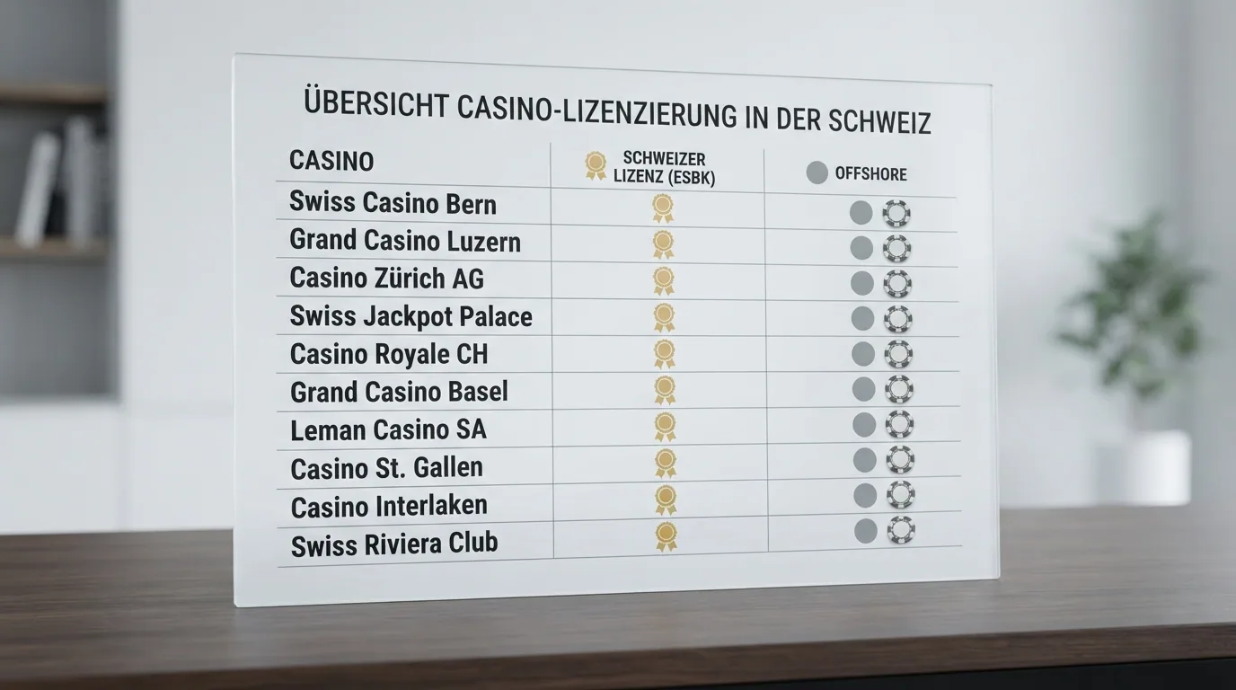 Bildschirm mit einer Vergleichstabelle, die Casino-Namen, Lizenzen und XRP-Symbole zeigt