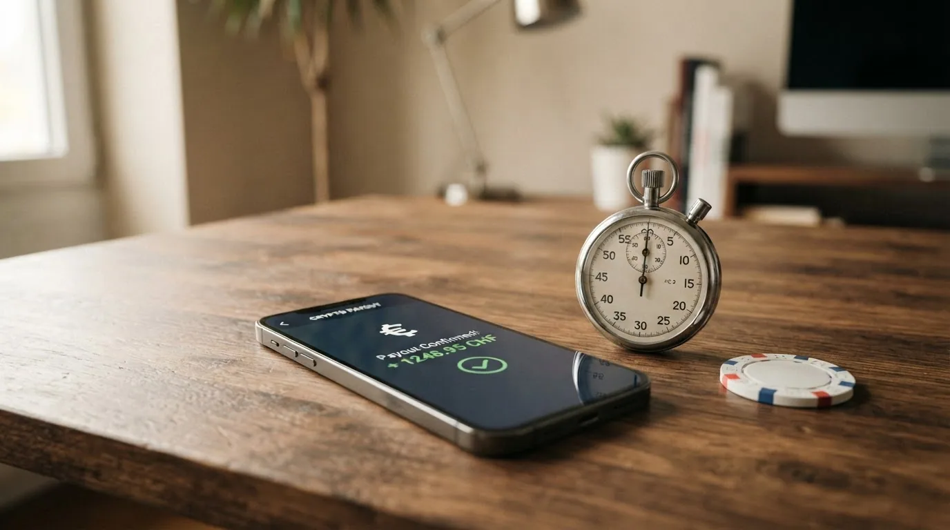 Eine Stoppuhr neben einem Smartphone mit Wallet-App, von dem aus Krypto-Münzen in ein Casino-Symbol fliessen