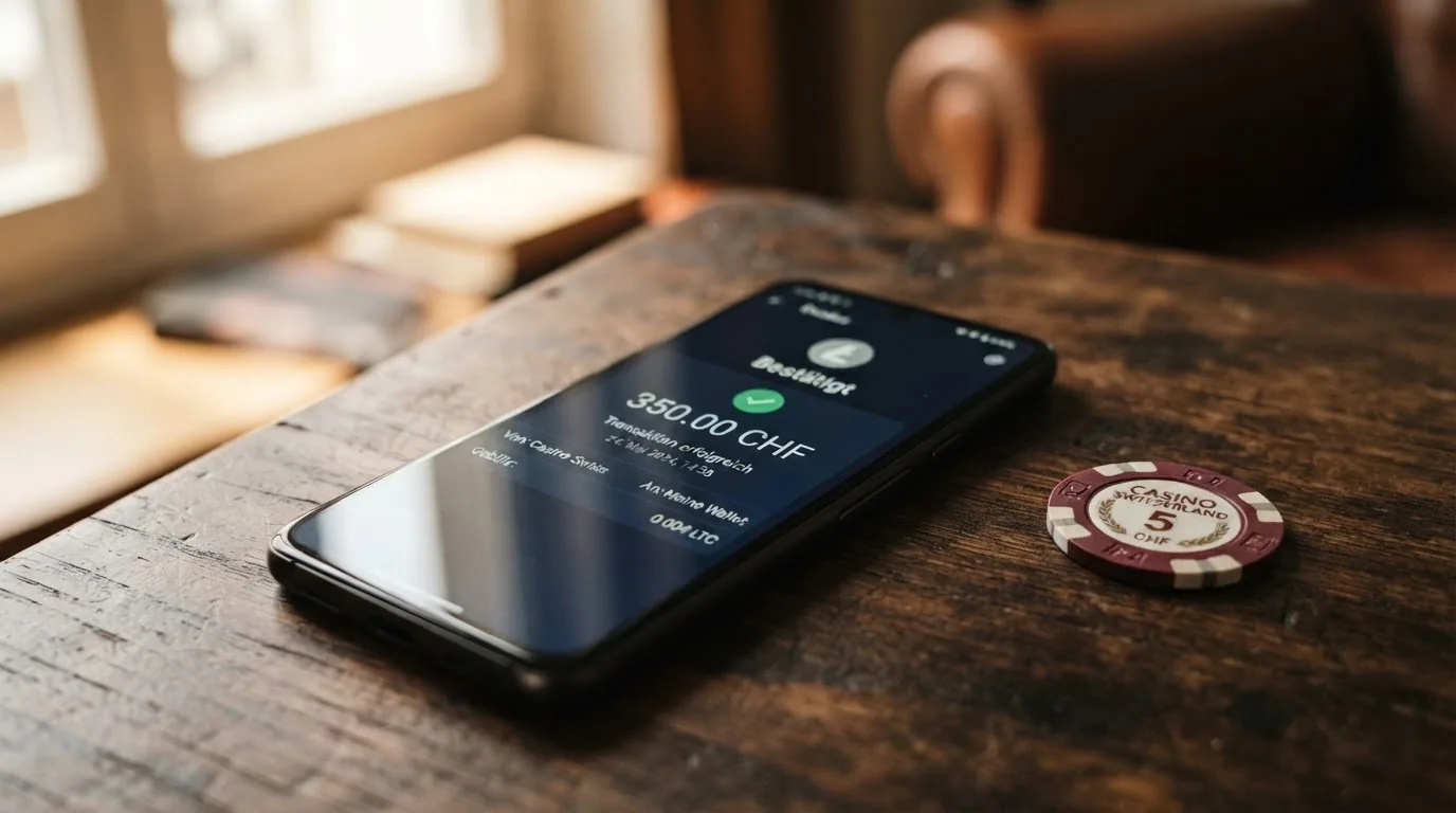 Eine stilisierte Stoppuhr neben einem LTC-Wallet-Interface, das eine Transaktionsbestätigung anzeigt