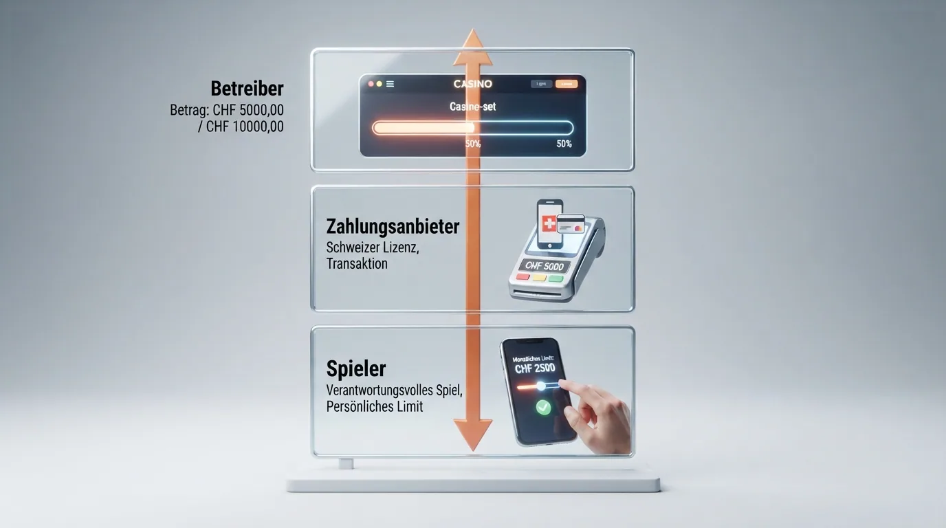 Drei übereinander gestapelte transparente Ebenen, beschriftet mit «Betreiber», «Zahlungsanbieter» und «Spieler», mit einem durchlaufenden Pfeil
