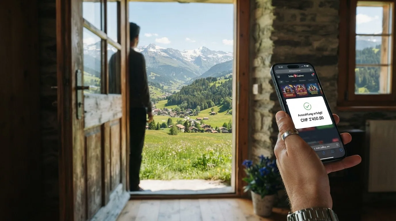 Eine geöffnete Tür mit Blick auf eine helle Schweizer Landschaft, ein Mobiltelefon mit der Bestätigung «Auszahlung erfolgt» in der Hand