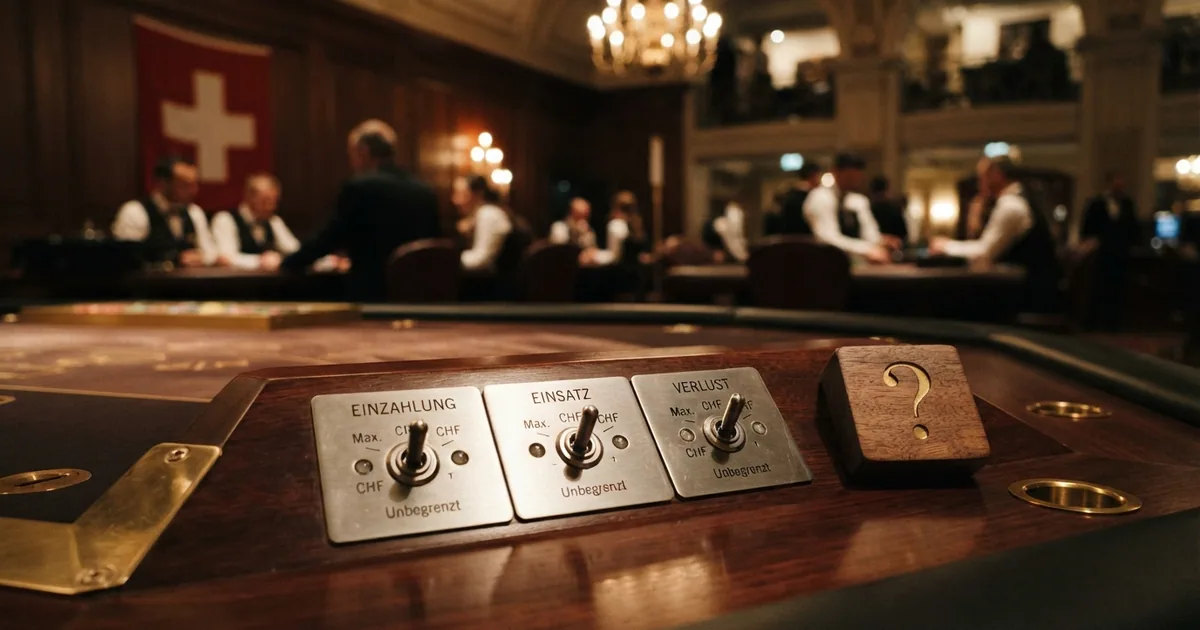 Drei Schalter auf einem Spieltisch — Einzahlung, Einsatz, Verlust — mit einem Fragezeichen über dem Begriff «ohne Limit»