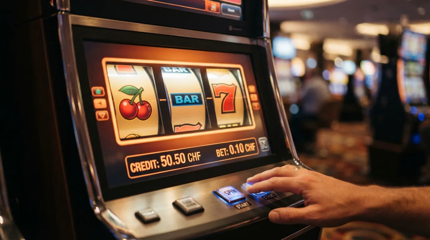 Drei Slot-Walzen in Nahaufnahme mit niedrigen Einsätzen (0,10 CHF / 0,20 CHF) im Display
