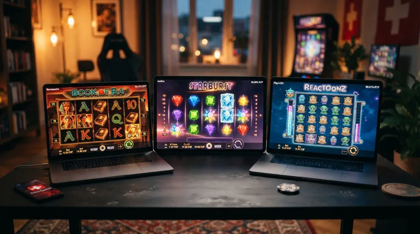 Drei Spielautomat-Bildschirme mit RTP-Prozentangaben: Starburst, Book of Dead, Gates of Olympus