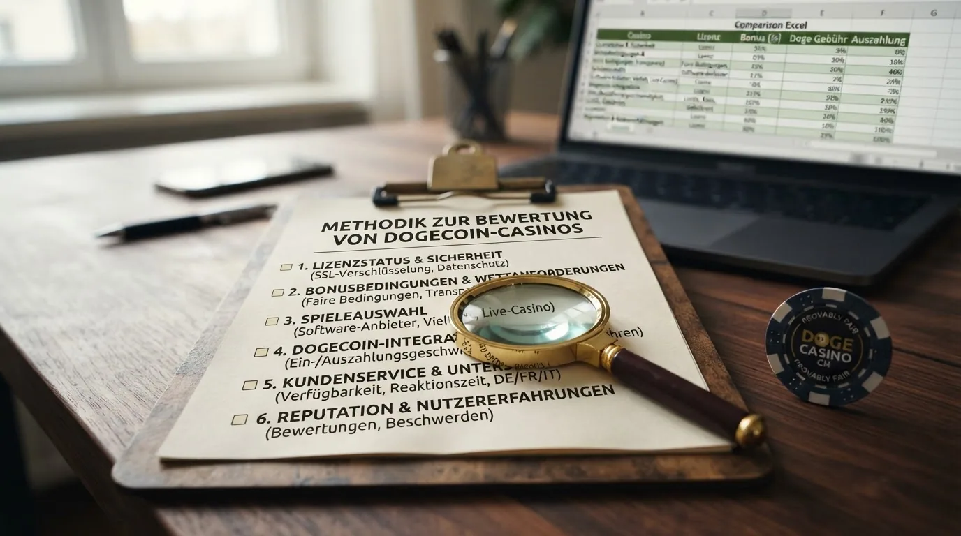 Eine Checkliste mit Bewertungskriterien auf einem Klemmbrett, daneben eine Lupe