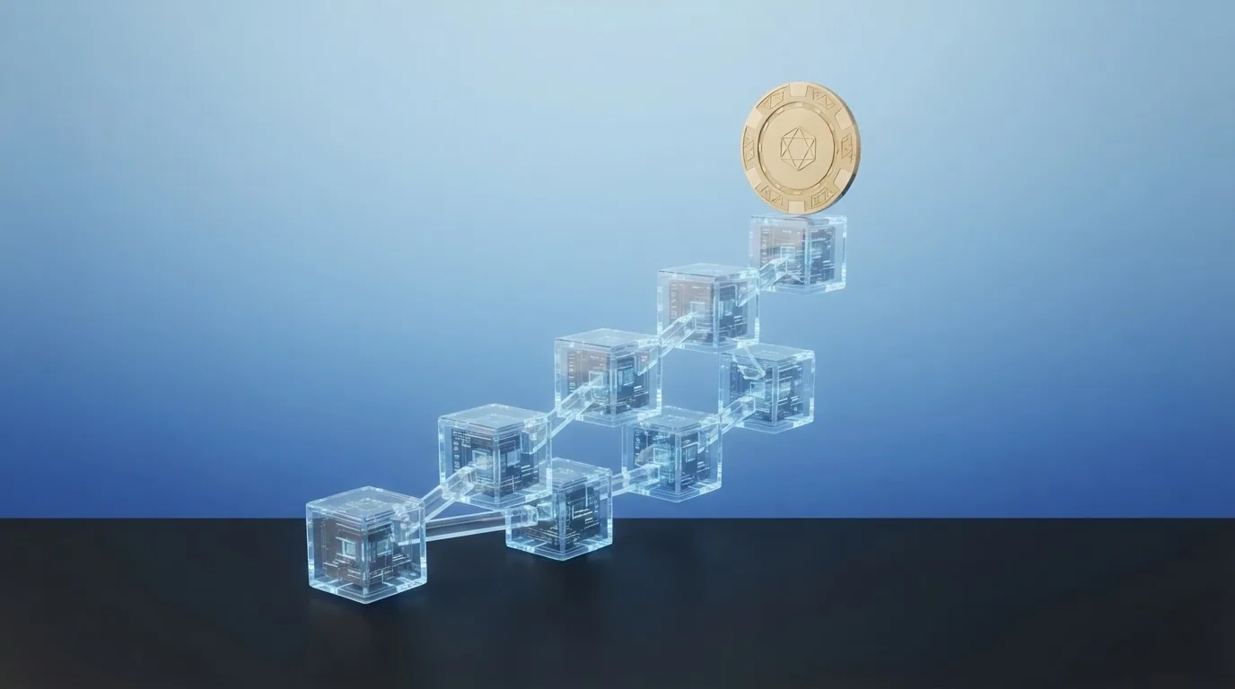 Eine Blockchain als transparente Kette aus Blöcken, durch die ein Casino-Chip fällt