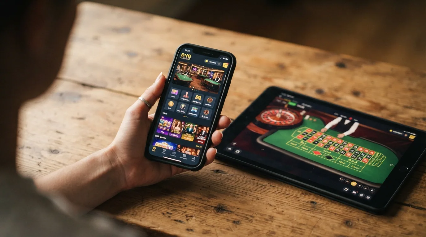 Smartphone mit geöffnetem BNB-Casino im mobilen Browser und BNB-Wallet-App daneben
