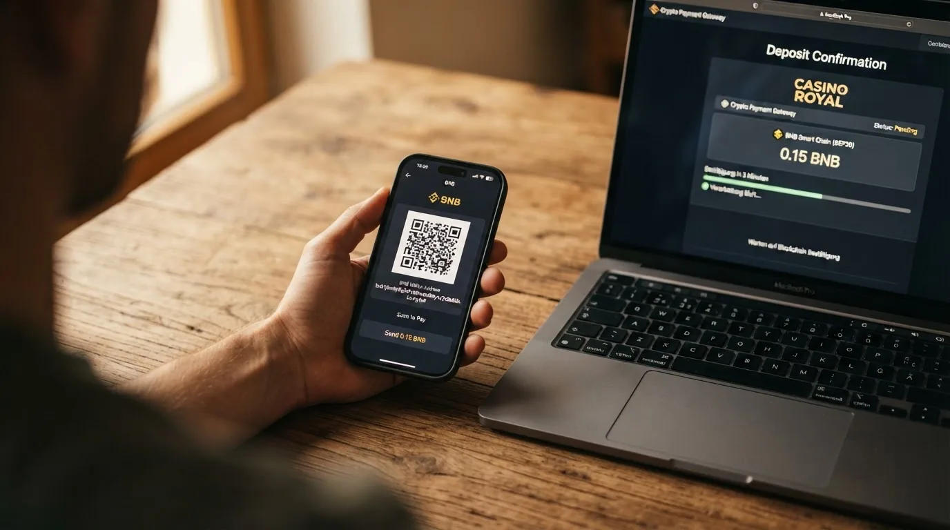 Schema einer BNB-Transaktion: Wallet, Blockchain-Pfeil, Casino-Adresse und Rückweg mit Uhr-Symbol