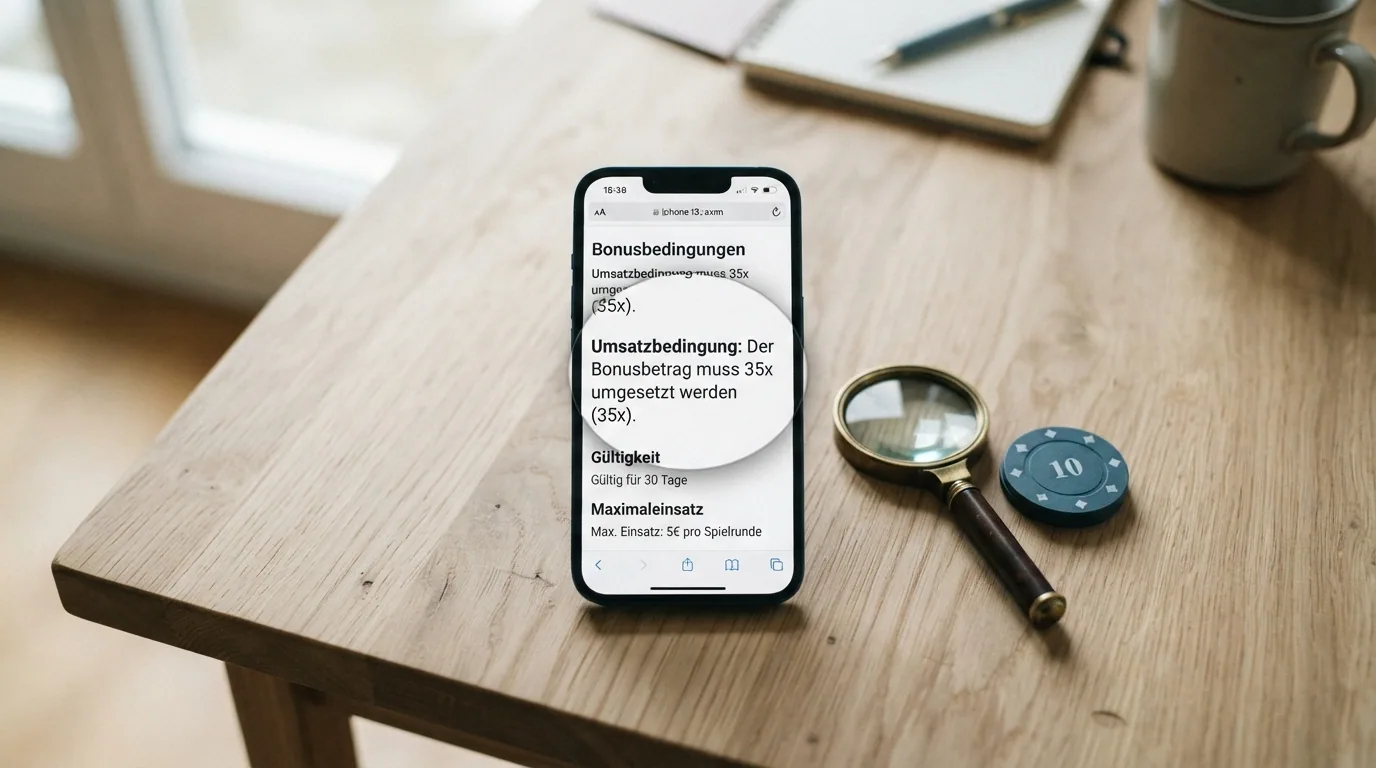 Nahaufnahme eines Smartphone-Bildschirms mit Bonusbedingungen und einer Lupe über dem Kleingedruckten