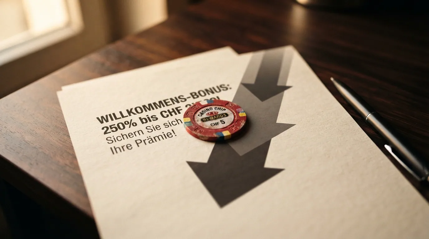 Eine grafische Darstellung: Ein grosser Bonus-Prozentsatz, der durch Pfeile für Umsatzbedingungen, Höchsteinsätze und Auszahlungslimits schrittweise verkleinert wird