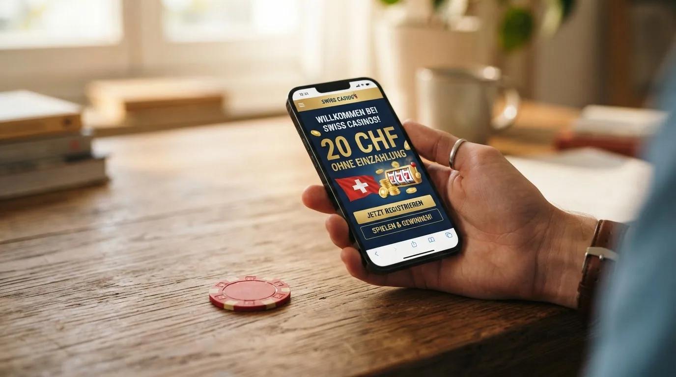 Ein Schweizer Franken als Münze auf einem virtuellen Casino-Bonus-Schriftzug, umringt von Freispiel-Symbolen