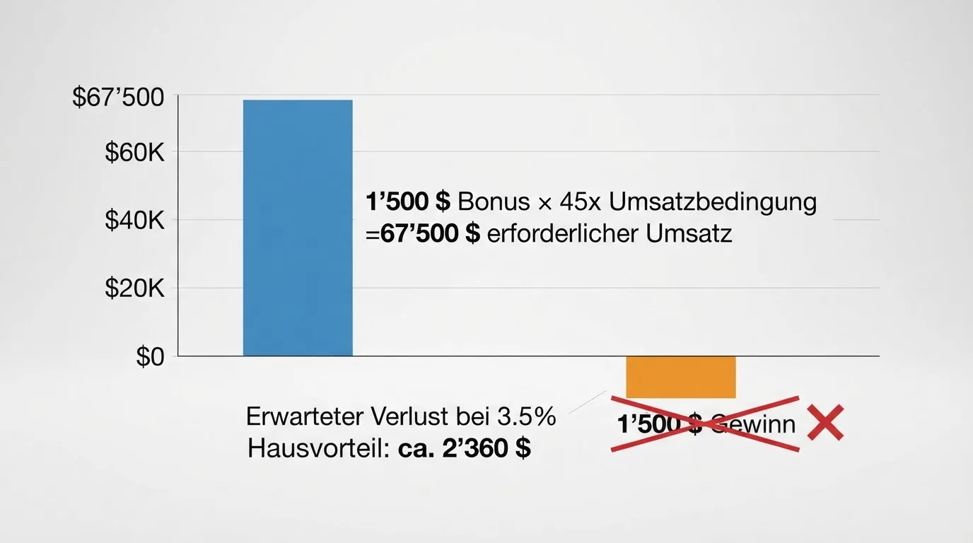 Eine visuelle Rechnung: «1’500 $ Bonus × 45x Umsatzbedingung = 67’500 $ erforderlicher Umsatz → erwarteter Verlust ~2’360 $» mit einem durchgestrichenen «1’500 $ Gewinn»