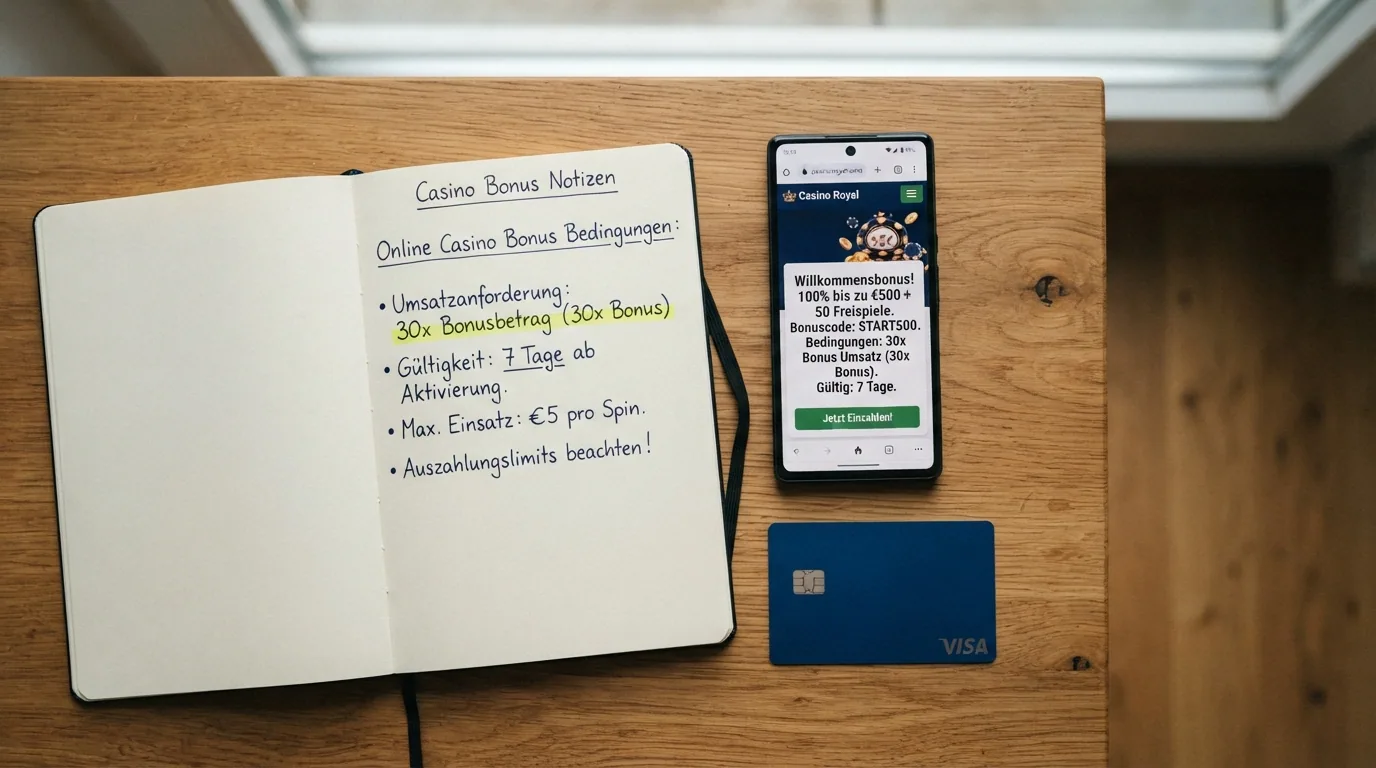 Ausschnitt aus Bonusbedingungen eines Schweizer Casinos mit hervorgehobener Passage «30x Bonus» und Ablaufdatum