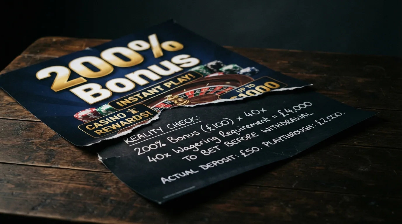 Ein zerrissenes Werbeplakat mit «200% Bonus», dahinter wird eine Rechenformel mit Multiplikator sichtbar