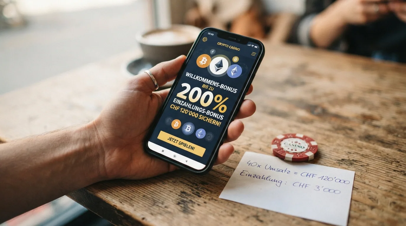 Eine Nahaufnahme: Ein verlockend glänzender Bonus-Chip, daneben eine Rechnung mit Umsatzbedingungen in kleiner Schrift