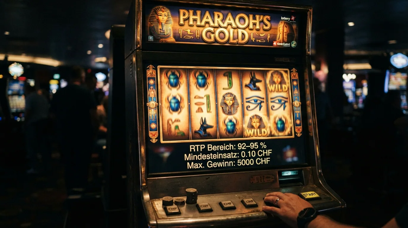 Ein Spielautomat mit Book-of-Ra-Symbol und einer RTP-Anzeige «92–95 %» im Display
