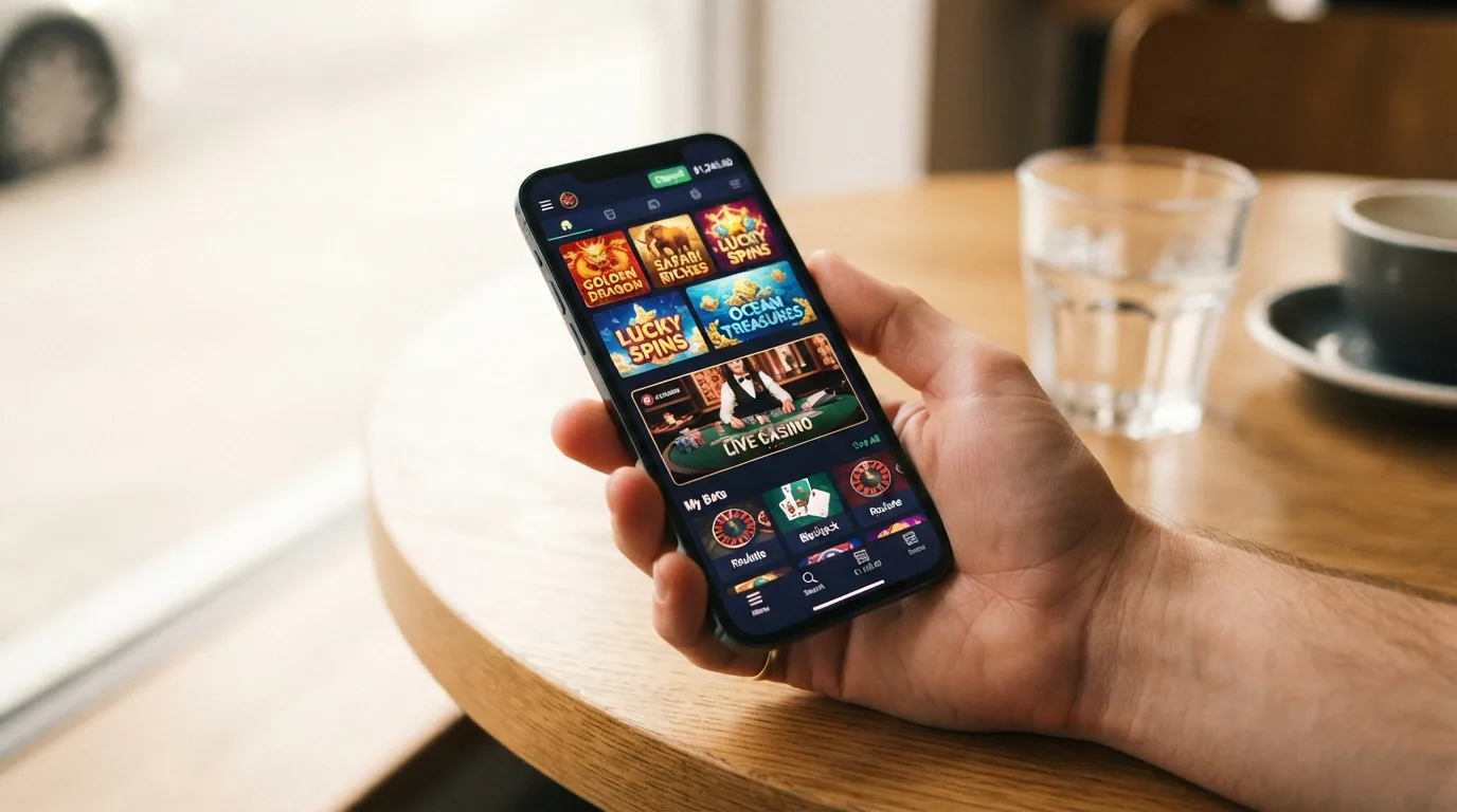 Ein Smartphone in der Hand, darauf eine mobile Casino-Website mit ADA-Guthaben-Anzeige und Slots, kein App-Store-Symbol sichtbar