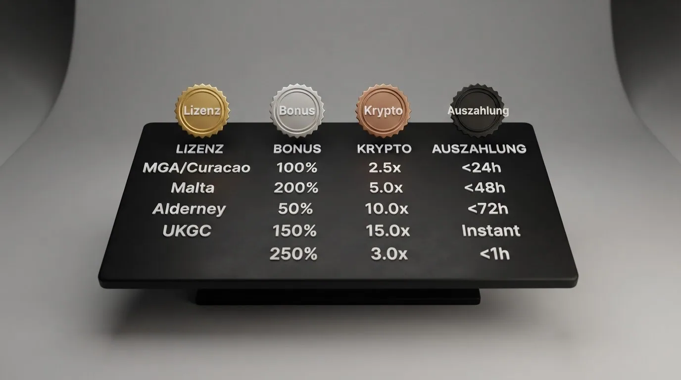 Eine stilisierte Vergleichstabelle mit Casino-Logos, Lizenz-Symbolen, Bonus-Prozentangaben und ADA-Logos, in der oberen Hälfte die drei führenden Betreiber hervorgehoben