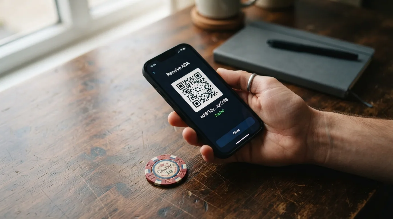 Eine schematische Darstellung des ADA-Einzahlungsprozesses: Wallet-Symbol, Cardano-Blockchain-Pfeile und Casino-Gutschrift als drei Schritte