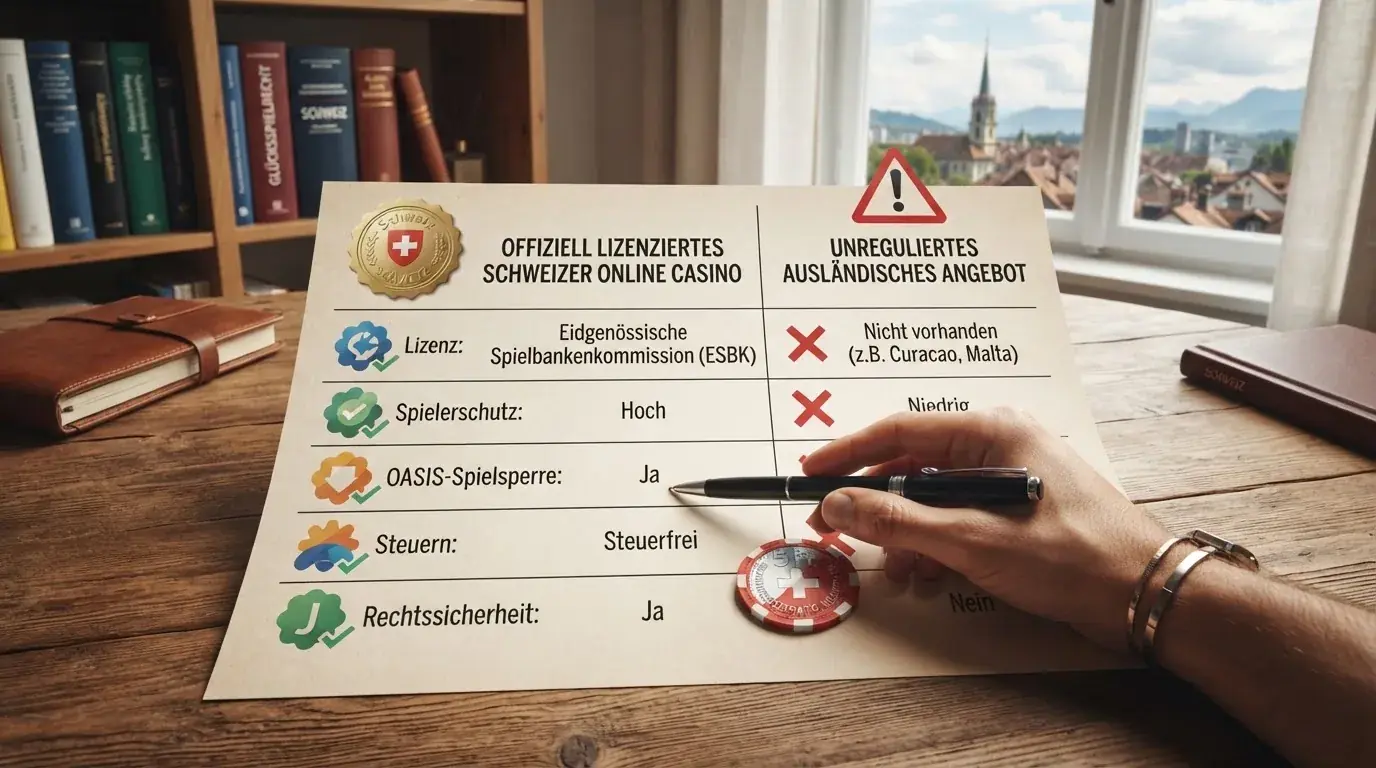 Stilisierte Vergleichstabelle mit Betreiber-Logos in zwei Spalten: links die acht ESBK-lizenzierten Anbieter, rechts die zwei Offshore-Anbieter mit Warnhinweis
