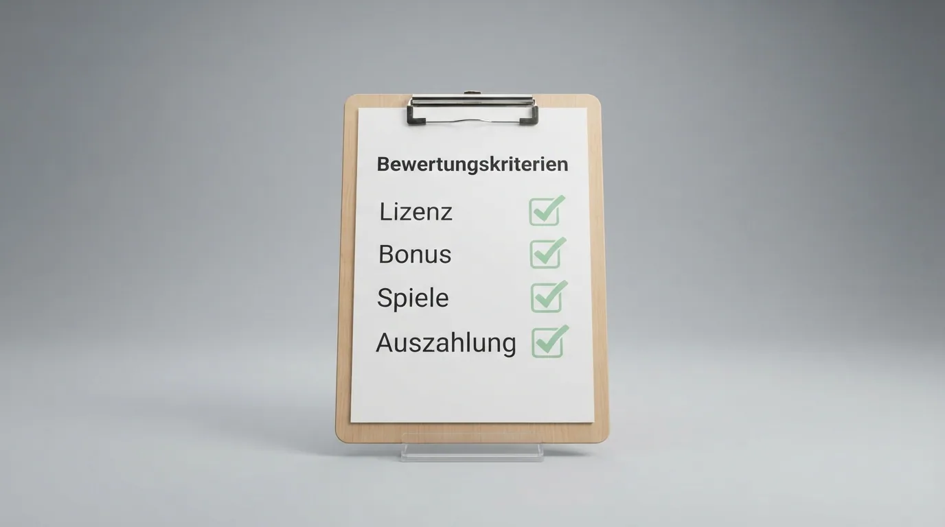 Prüfkriterien-Raster mit Symbolen für Lizenz, Bonus, Spiele und Auszahlung auf einem Klemmbrett