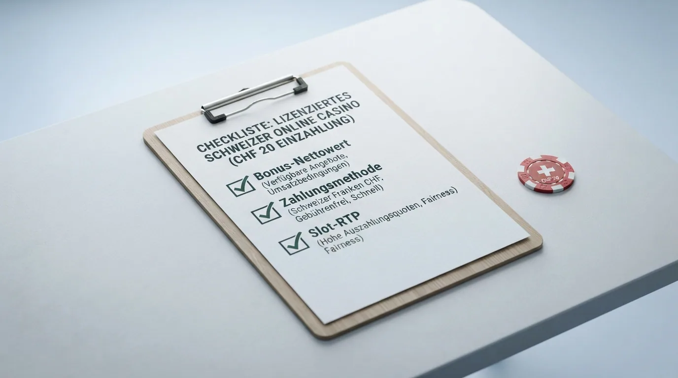 Checkliste mit drei Kriterien: Bonus-Nettowert, Zahlungsmethode, Slot-RTP — und drei Häkchen