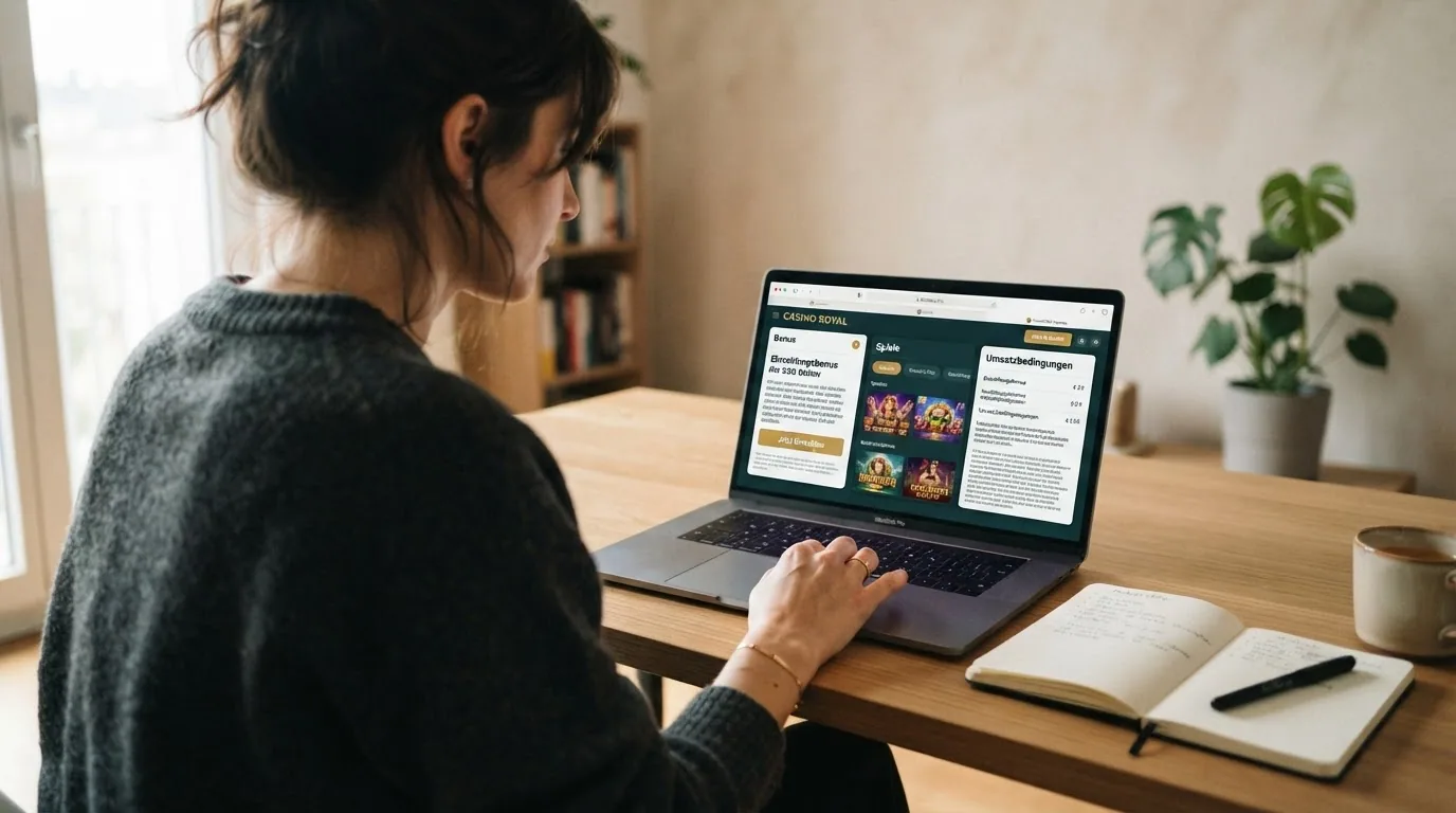 Eine Person vor einem Laptop mit drei geöffneten Registerkarten: Bonus, Spiele, Umsatzbedingungen