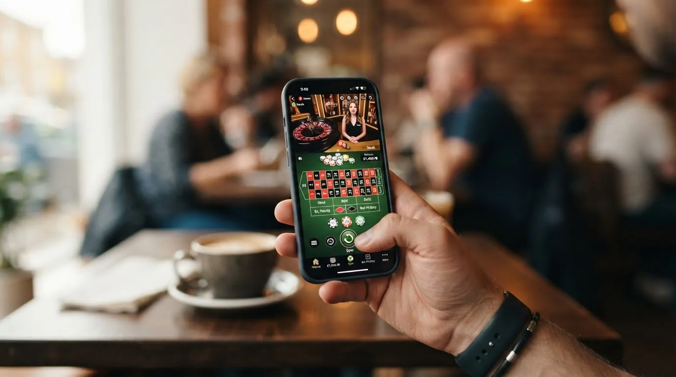 Ein Smartphone in der Hand, auf dessen Bildschirm ein Casino-Spiel im Browser läuft — daneben ein App-Store-Symbol mit einem deaktivierten Download-Button