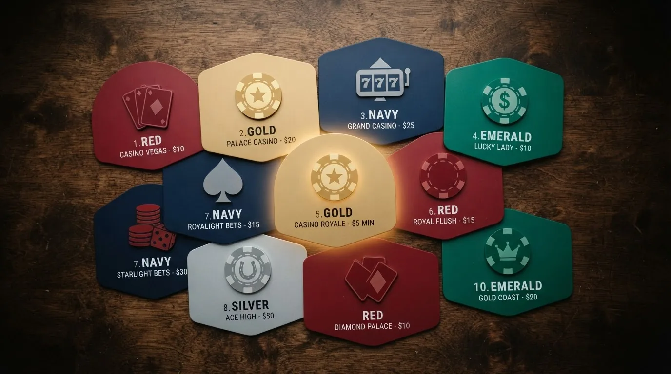 Zehn Casino-Logos der lizenzierten Schweizer Online-Anbieter in einer vergleichenden Anordnung mit farblicher Markierung der Betreiber mit CHF-0.05-Angebot