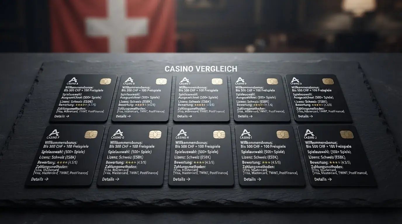 Zehn Kacheln mit Casino-Logos in einer vergleichenden Übersicht, dahinter eine Schweizer Flagge