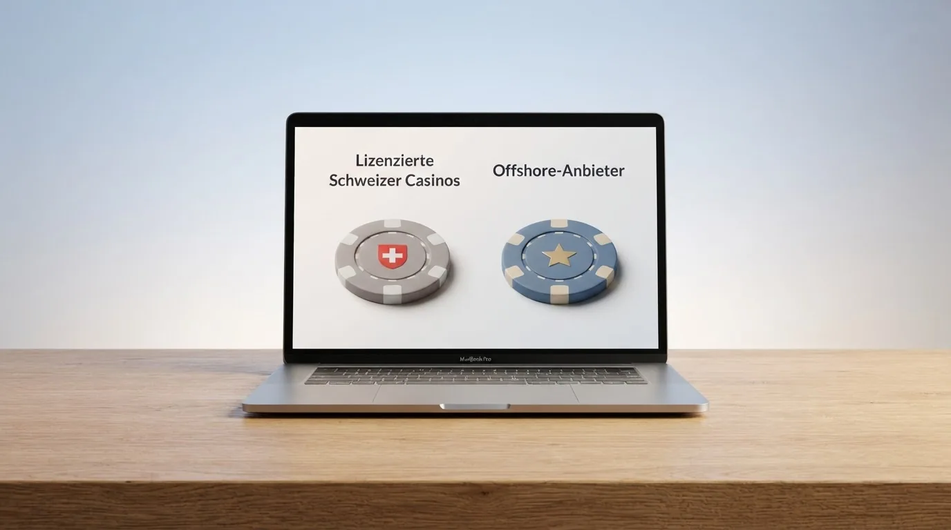 Raster mit Schweizer Casino-Logos der lizenzierten Anbieter und grafisch abgesetzten Offshore-Logos