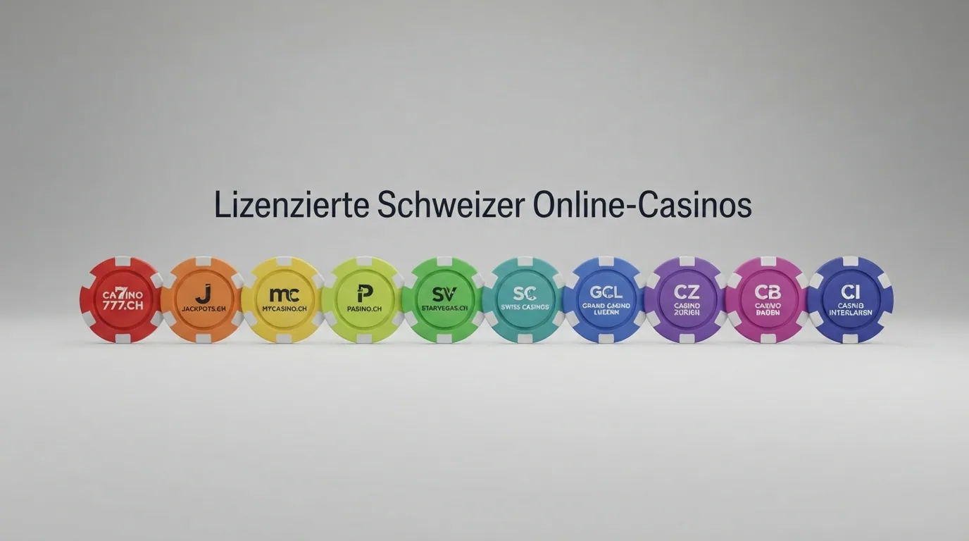 Übersichtstabelle mit Logos der zehn lizenzierten Schweizer Online-Casinos nebeneinander