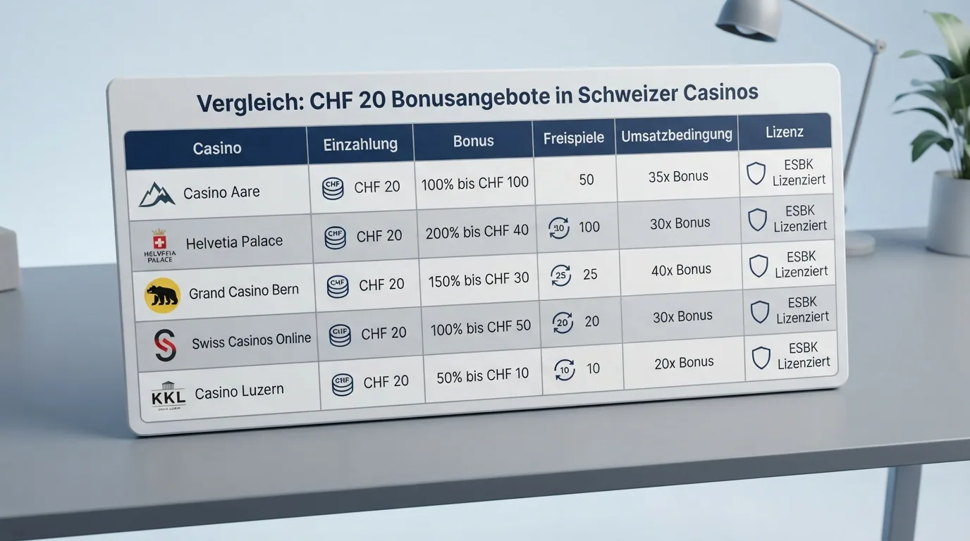 Vergleichstabelle mit Casino-Namen, Bonus-Prozentsätzen und CHF-20-Einzahlungsoptionen für alle 10 ESBK-lizenzierten Anbieter