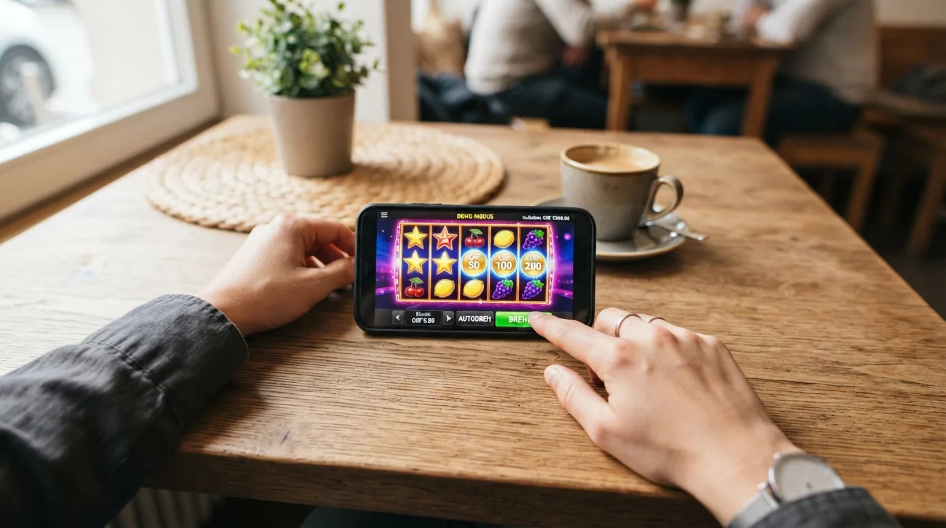 Smartphone mit geoeffneter Casino-App im Demo-Modus, kein Echtgeld sichtbar