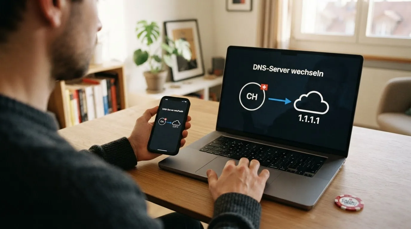 Schematische Darstellung eines DNS-Server-Wechsels mit Pfeilen von Schweizer ISP zu alternativem DNS-Server