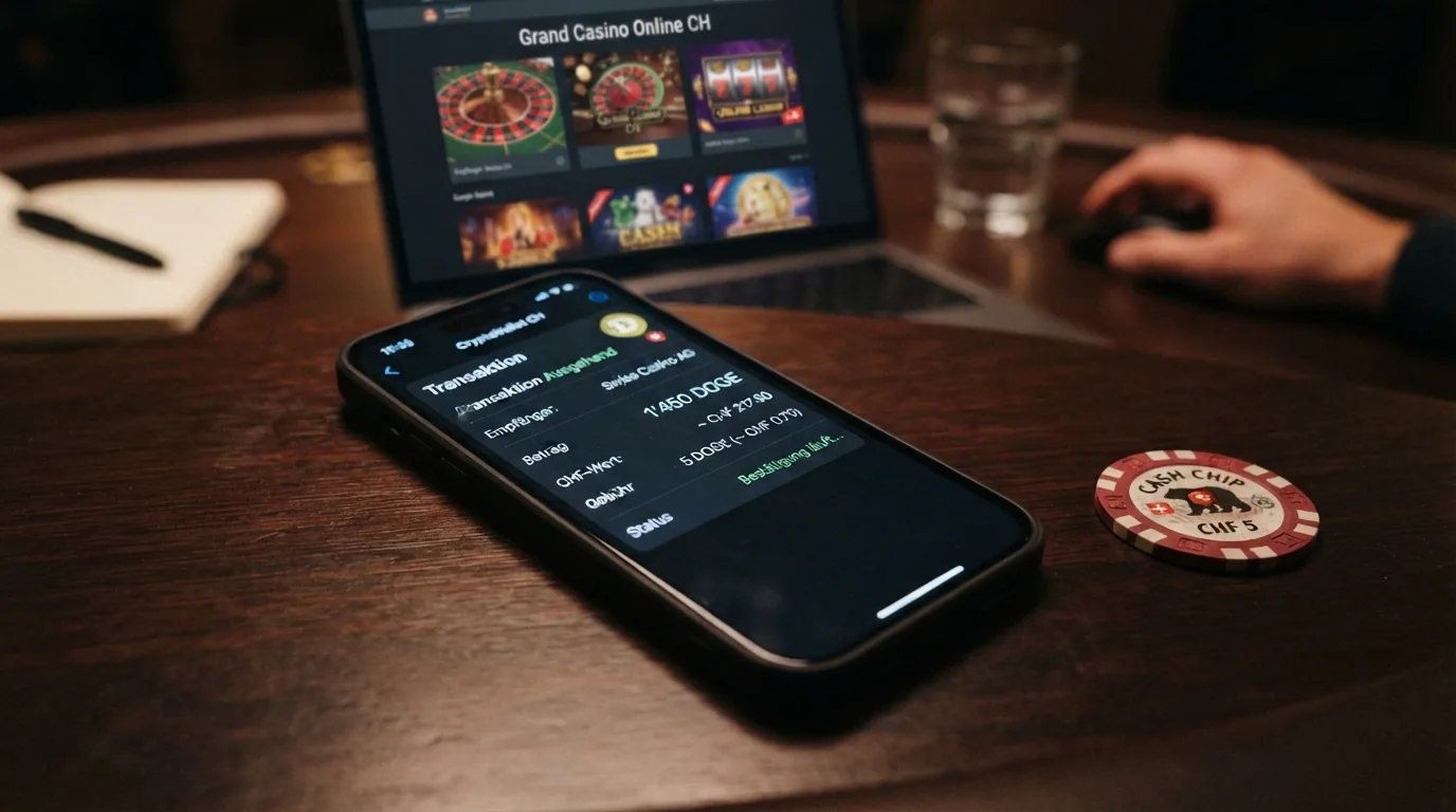 Eine DOGE-Wallet-Oberfläche mit ausgehender Transaktion und Casino-Logo als Empfänger