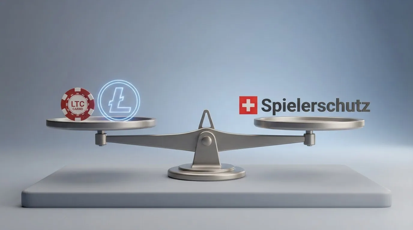 Eine Waage: auf der einen Seite ein LTC-Symbol und ein Casino-Chip, auf der anderen Seite ein Schweizer Wappen und das Wort «Spielerschutz»