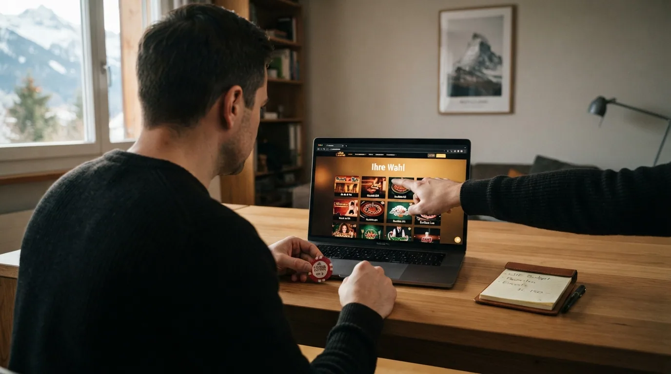 Schweizer Spieler mit Laptop, im Hintergrund Schweizer Alpen oder Stadtpanorama