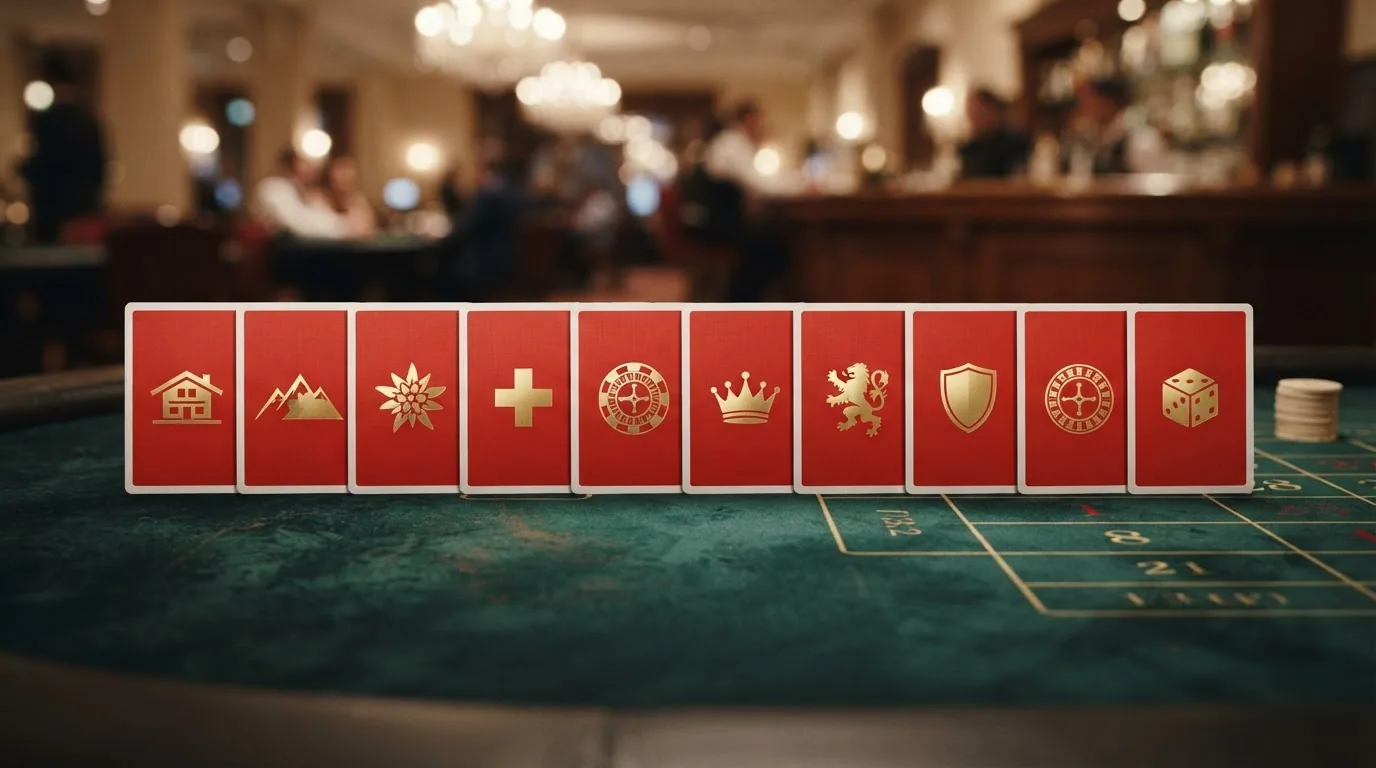 Zehn Spielkarten in Schweizer Flaggen-Rot mit je einem Casino-Logo, nebeneinander aufgereiht auf einem Tisch