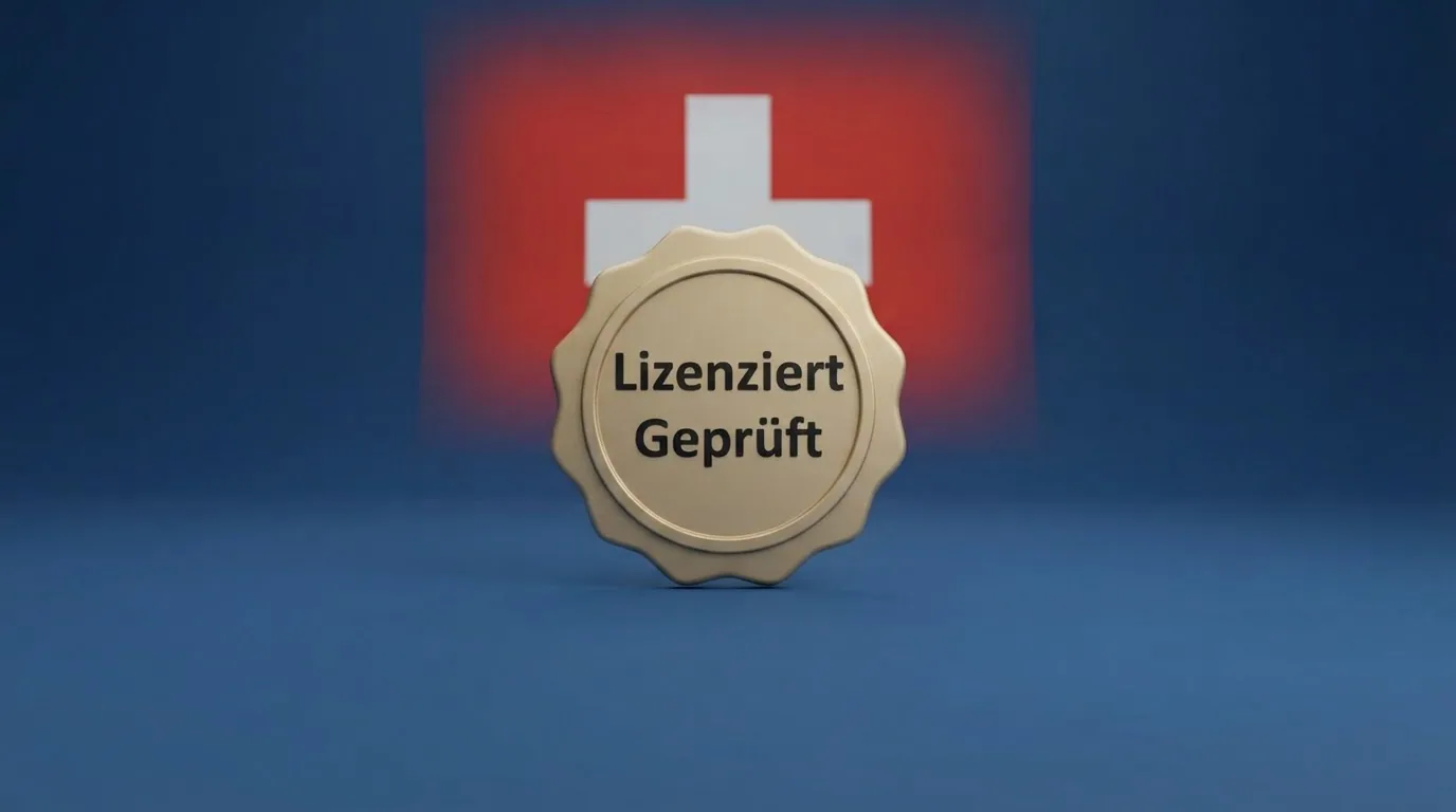 Eine stilisierte Schweizer Gesetzesurkunde mit dem ESBK-Logo und einem durchgestrichenen Offshore-Casino-Symbol