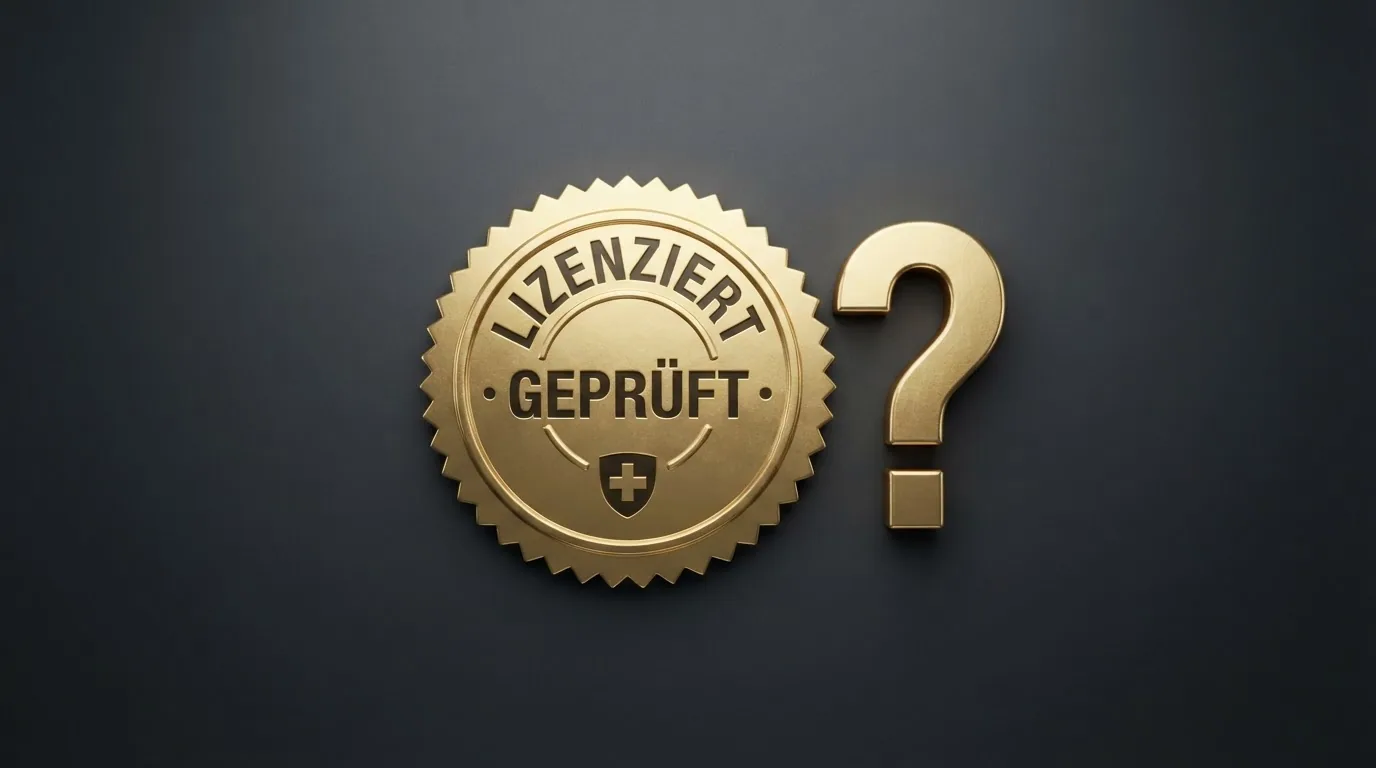 Offizielles ESBK-Dokument oder Siegel neben einem Fragezeichen-Symbol auf schwarzem Hintergrund