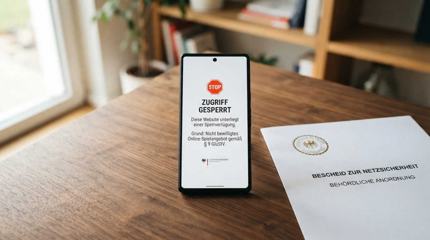 Offizielles ESBK-Logo neben einem Smartphone, das eine gesperrte Casino-Webseite mit Meldung «Zugriff gesperrt — nicht bewilligtes Online-Spielangebot» anzeigt