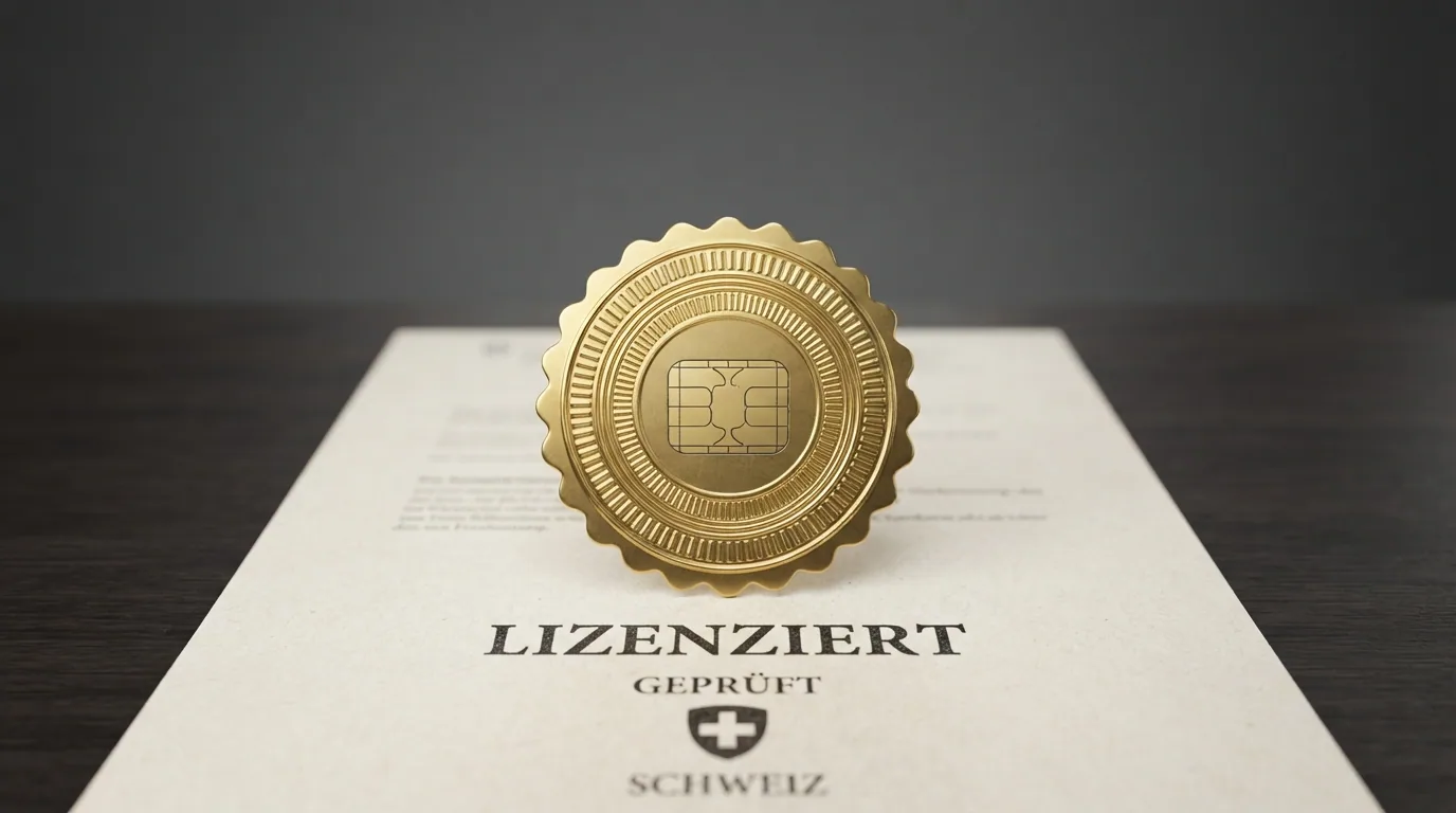Ein offizielles Dokument mit ESBK-Logo und Siegel neben einer stilisierten Weltkugel mit Casino-Chips