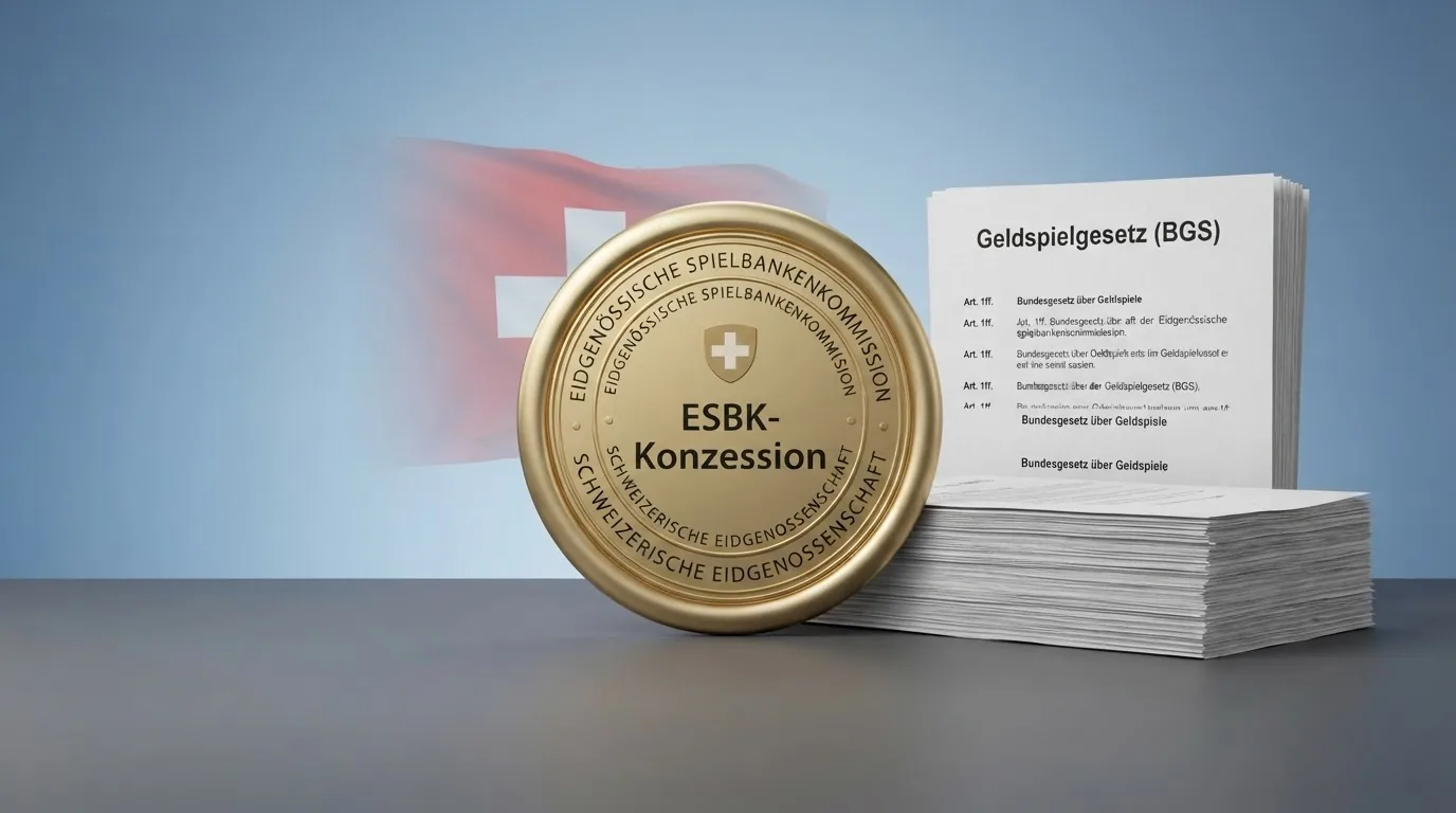 Das Logo der ESBK neben dem Bundesbrief des Geldspielgesetzes, überblendet mit einer stilisierten Schweizer Karte.