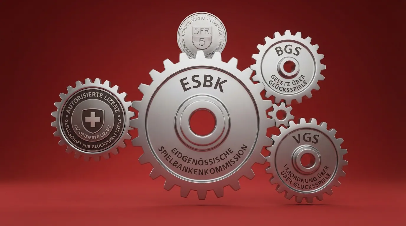 Schaubild des Schweizer Glücksspiel-Lizenzsystems: ESBK-Logo, Gesetzestext BGS, Konzessionsstruktur mit Pfeilen zu lizenzierten und nicht-lizenzierten Anbietern