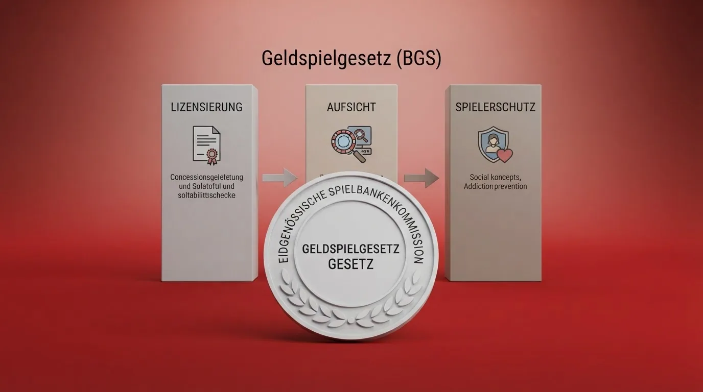 Logo der Eidgenoessischen Spielbankenkommission und grafische Uebersicht des Geldspielgesetzes