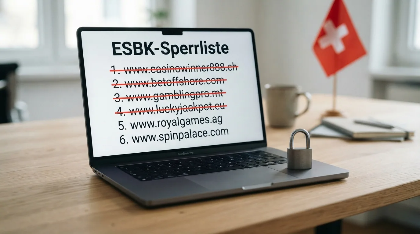 Das ESBK-Logo neben einer Liste gesperrter Domain-Namen, ein Vorhängeschloss-Symbol mit Schweizer Kreuz