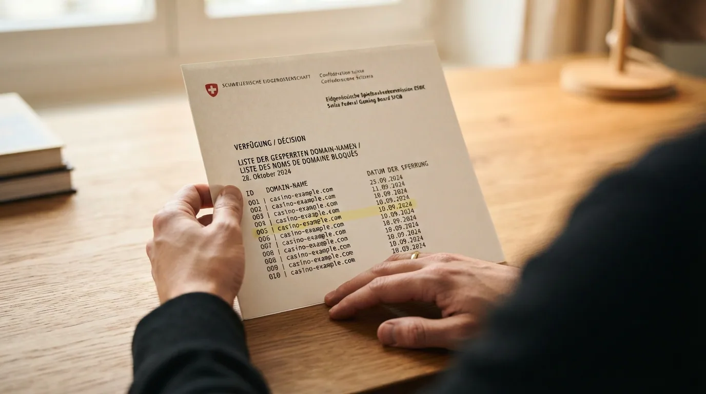Offizielles ESBK-Dokument mit Domain-Sperrliste neben Schweizer Gesetzestext