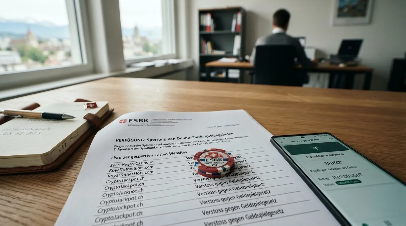 Offizielles ESBK-Dokument mit Sperrlisten-Eintrag neben einer Krypto-Wallet auf einem Schreibtisch